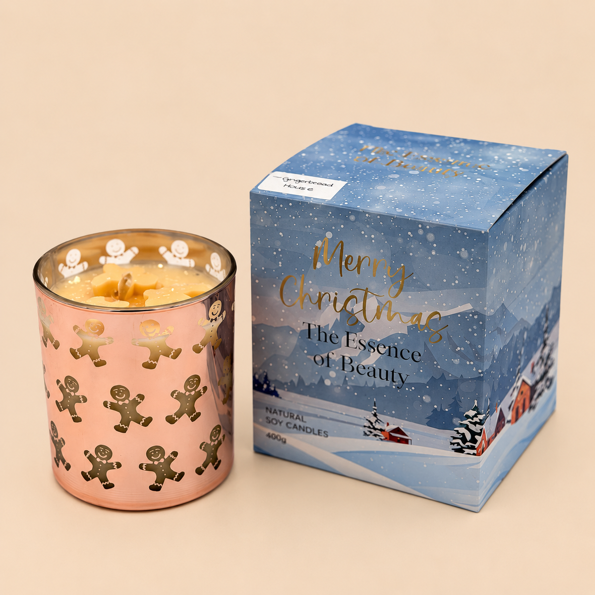 Merry Christmas Gingerbread House soy candle in rose gold jar with gift box