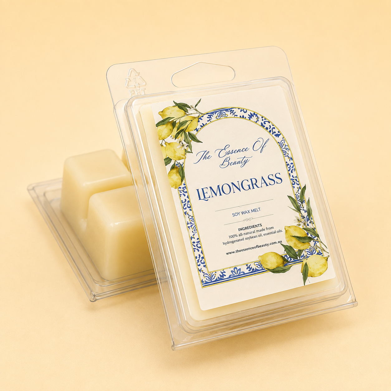 Lemongrass soy wax melt in clear clamshell packaging