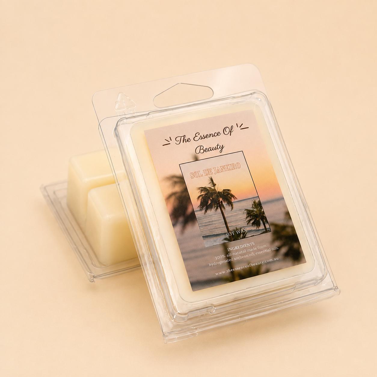 Sol De Janeiro soy wax melt in clear clamshell packaging