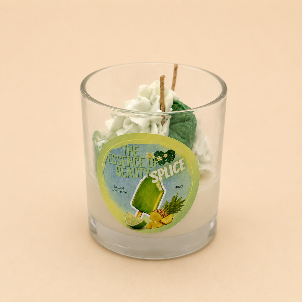 Splice Soy Candle by The Essence Of Beauty — tropical pineapple and lime fragrance in a clear glass vessel
